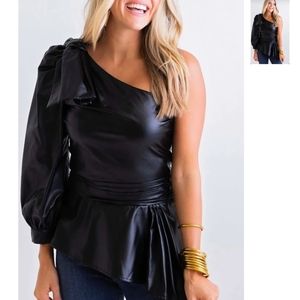 Karlie One Shoulder Peplum Faux Leather Top: Size Small